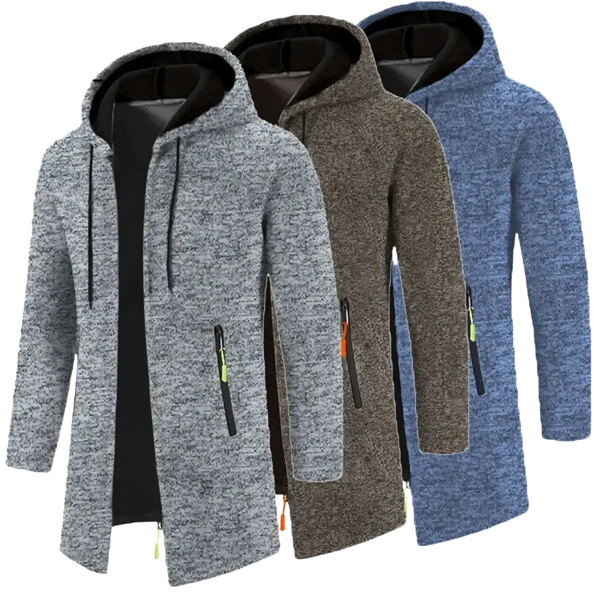 Men oversized zip hoodie winter jackets in gray brown and blue fleece with black-lined hoods and neon zipper pulls
