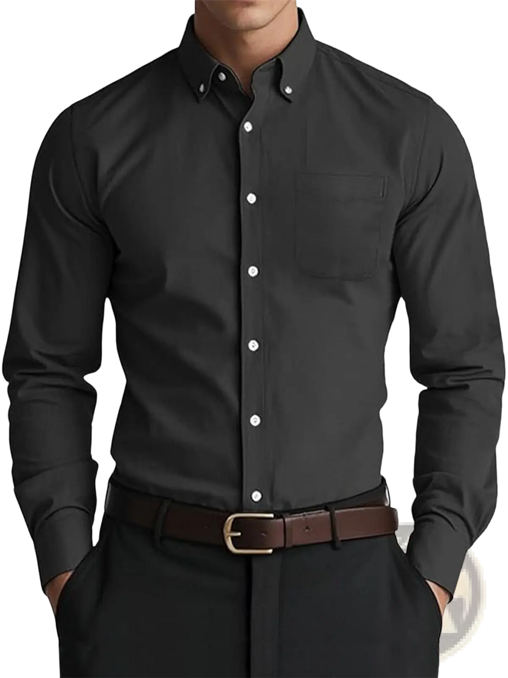 Men oxford casual shirt in black cotton blend featuring white buttons and a chest pocket for everyday wear