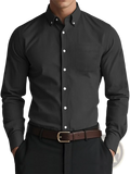 Men oxford casual shirt in black cotton blend featuring white buttons and a chest pocket for everyday wear
