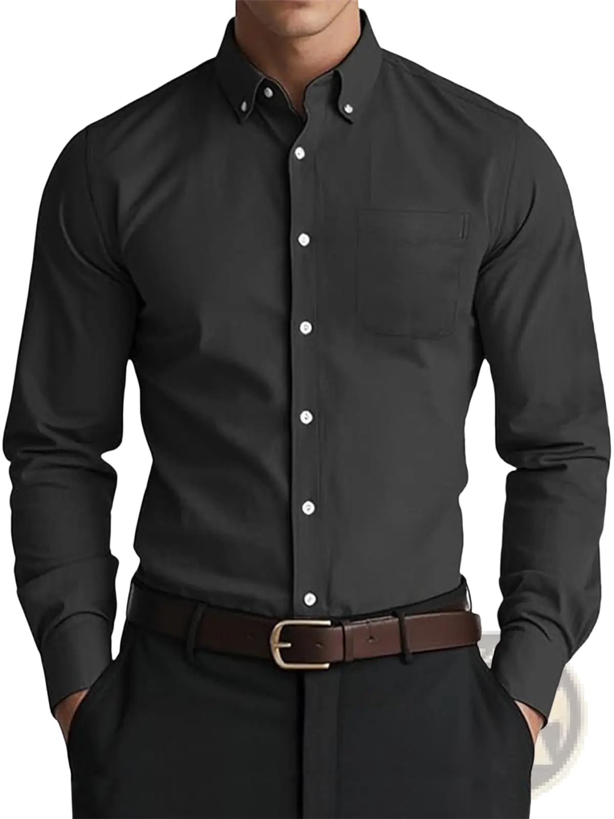 Men oxford casual shirt in black cotton blend featuring white buttons and a chest pocket for everyday wear