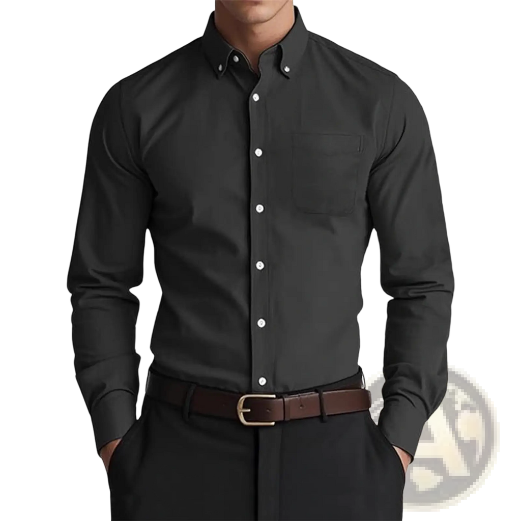 Men oxford casual shirt in black cotton blend featuring white buttons and a chest pocket for a polished look