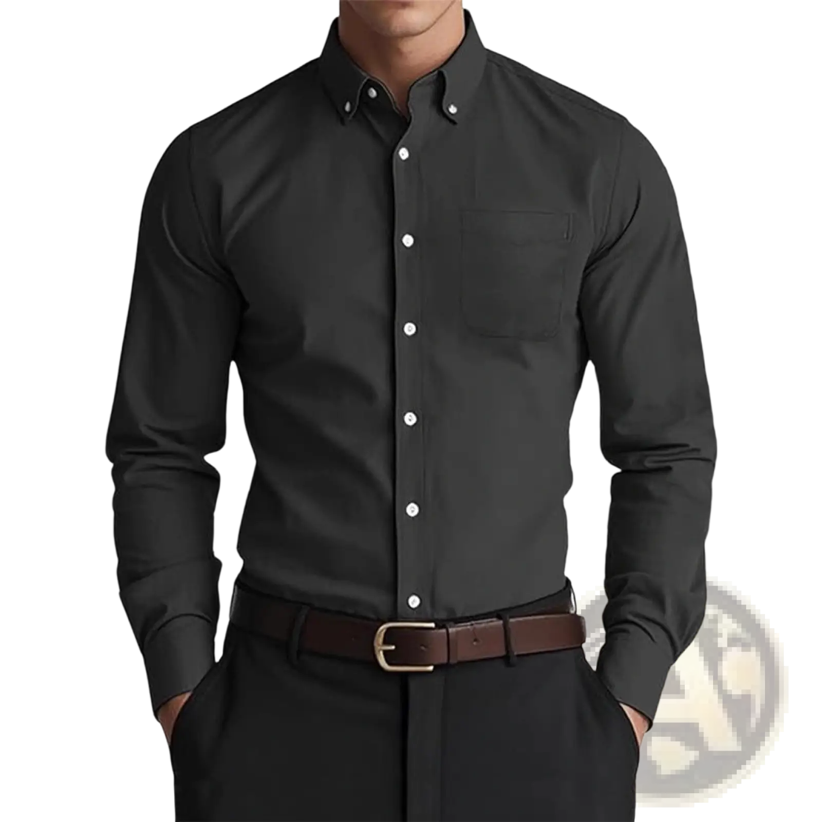Men oxford casual shirt in black cotton blend featuring white buttons and a chest pocket for a polished look