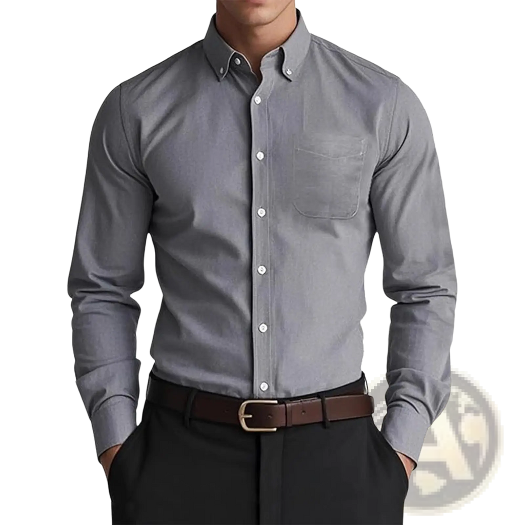 Gray men oxford casual shirt with classic collar and chest pocket made of pure cotton blend fabric