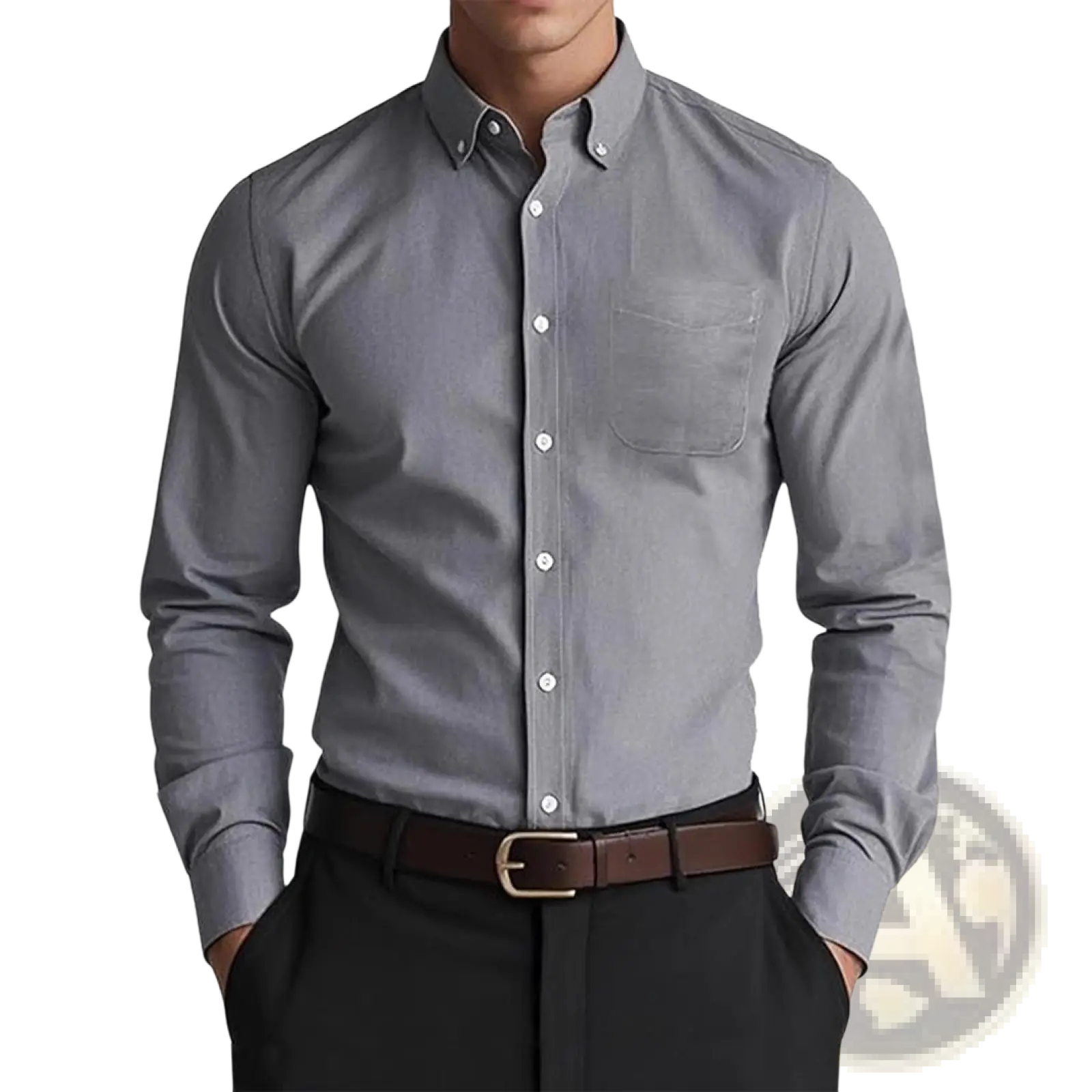 Gray men oxford casual shirt with classic collar and chest pocket made of pure cotton blend fabric