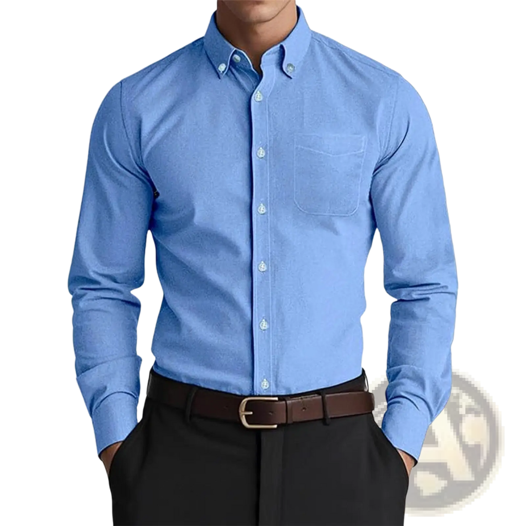 Light blue men oxford casual shirt with subtle textured weave and light-colored buttons made from cotton blend
