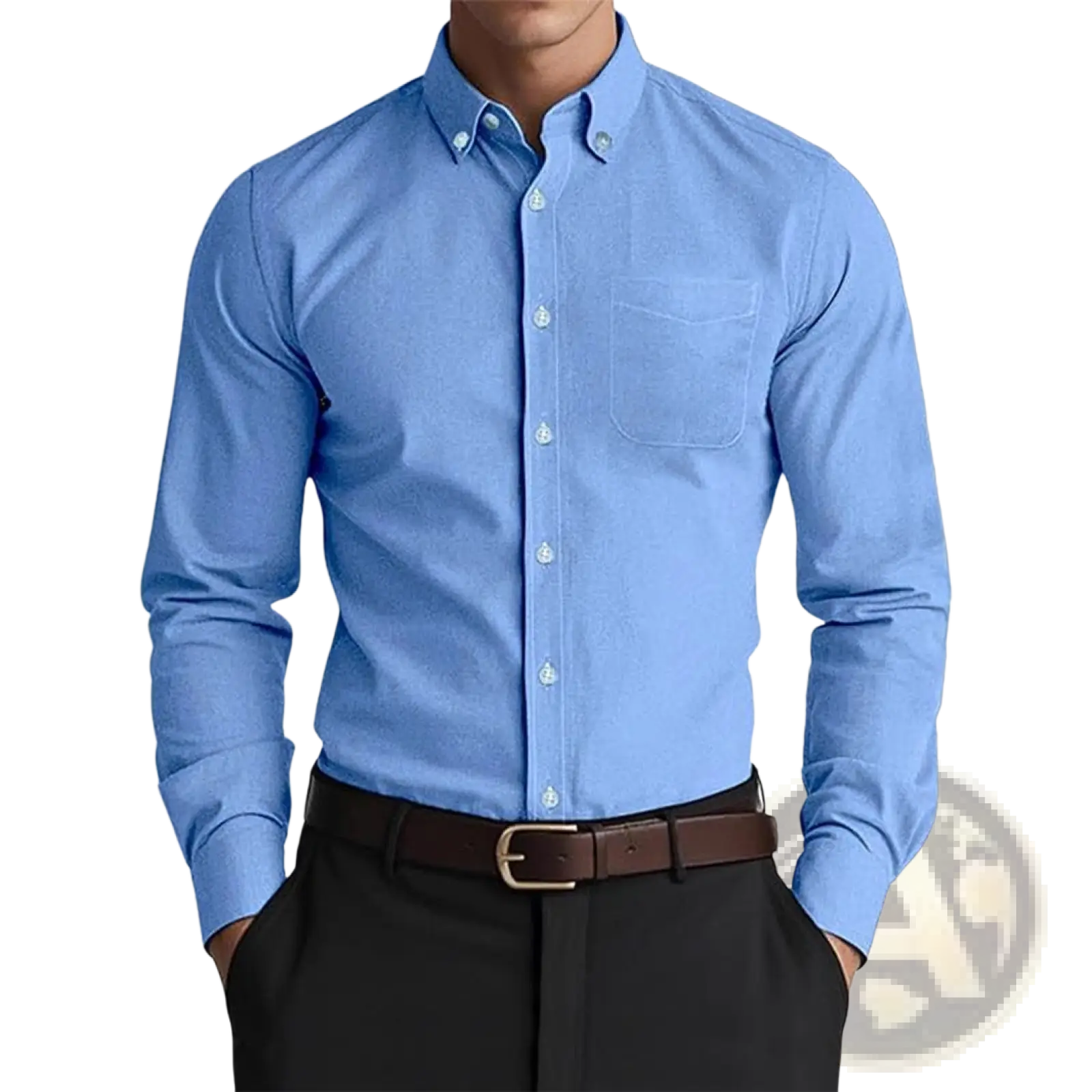 Light blue men oxford casual shirt with subtle textured weave and light-colored buttons made from cotton blend