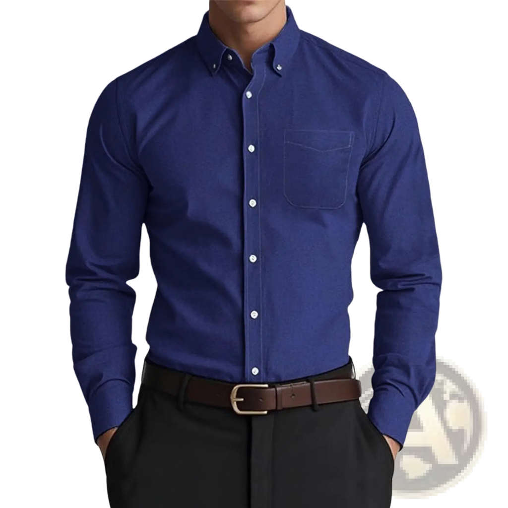 A navy blue men oxford casual shirt with white buttons chest pocket made of pure cotton blend fabric