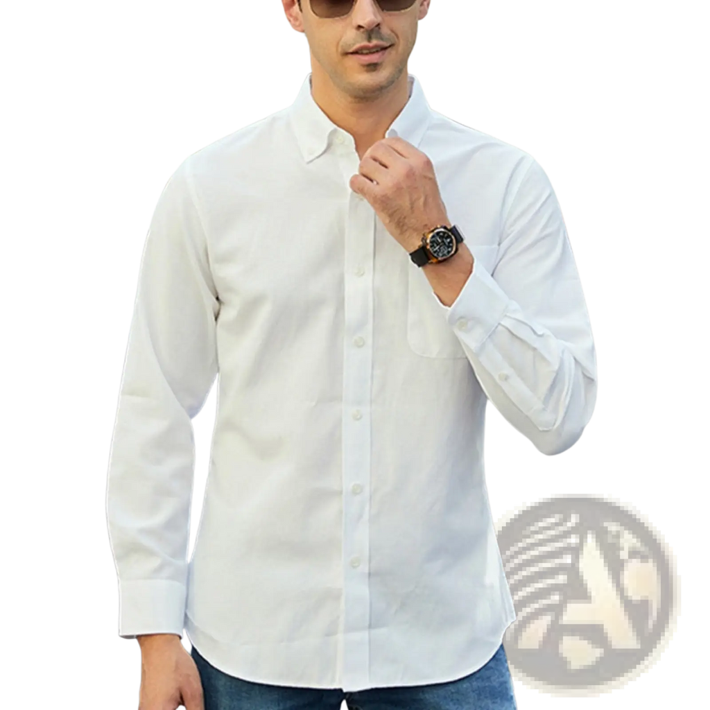 Men oxford casual shirt white long-sleeved button-down with classic collar chest pocket cotton blend material