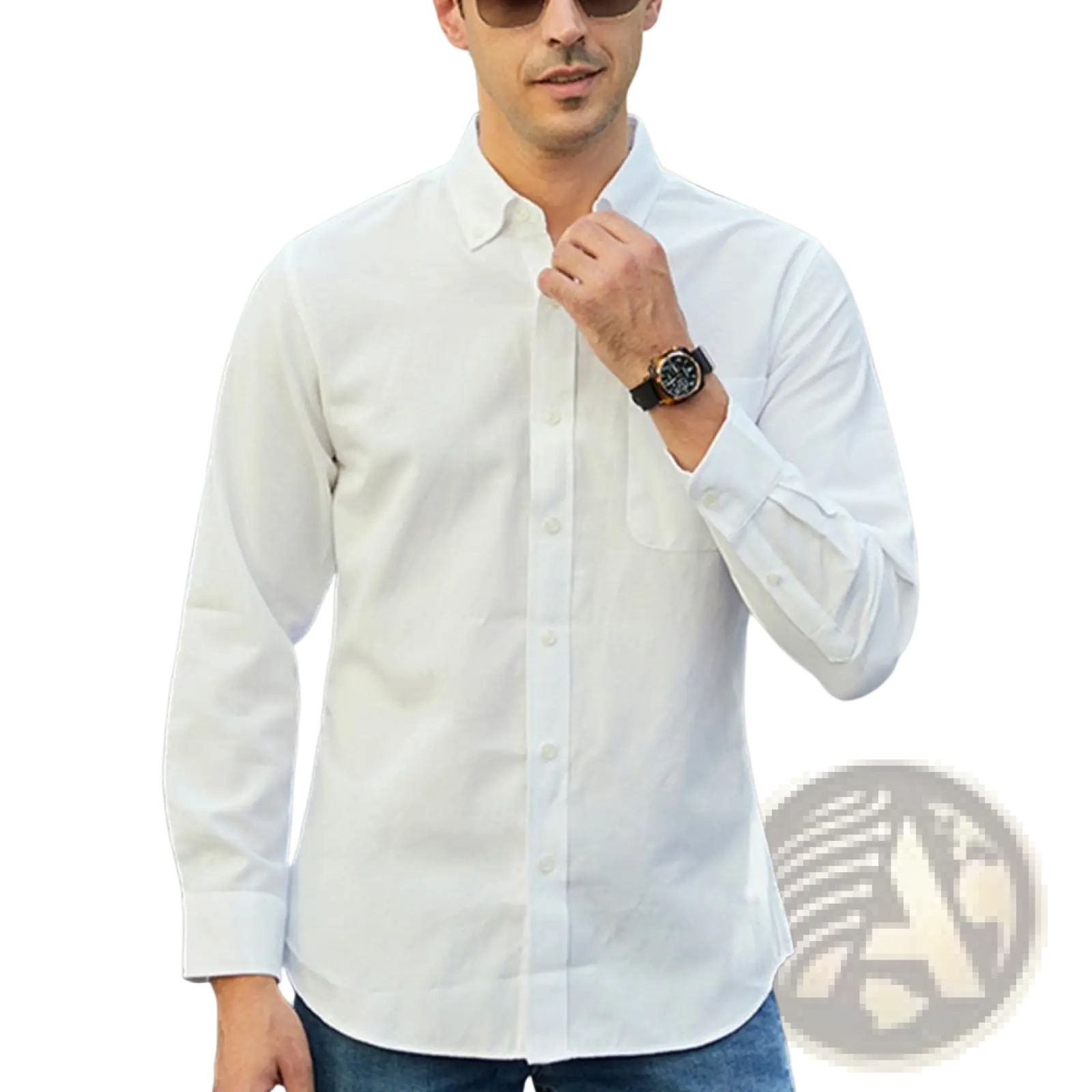 Men oxford casual shirt white long-sleeved button-down with classic collar chest pocket cotton blend material