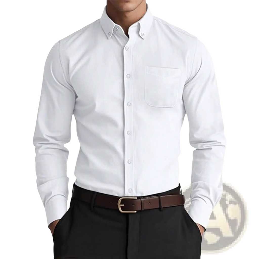 Men oxford casual shirt in white with chest pocket classic collar made from cotton blend for casual wear