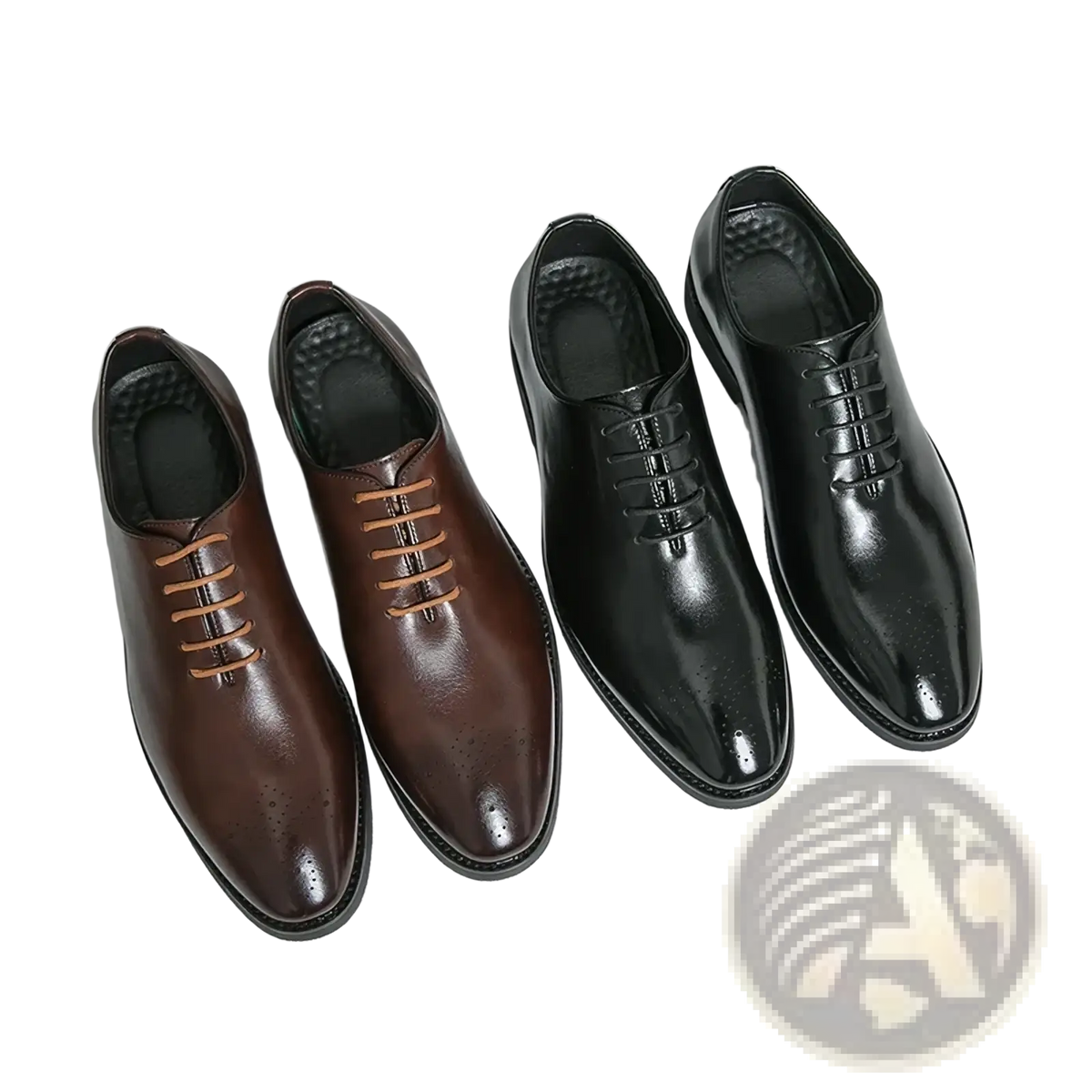Pair of polished patent leather men oxford shoes in brown and black with matching laces for formal business wear