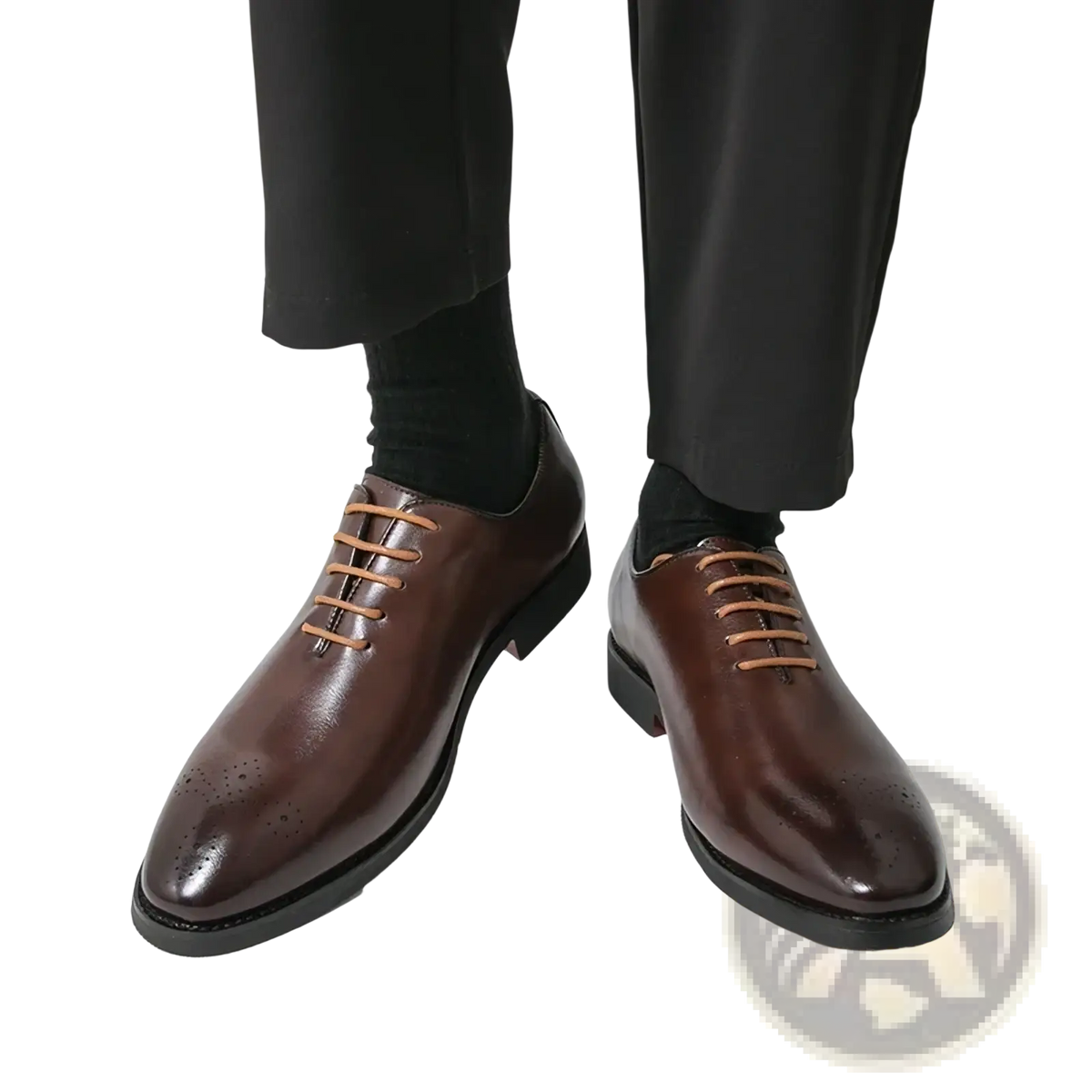 Men oxford shoes polished brown leather with tan laces and decorative broguing formal business dress shoes