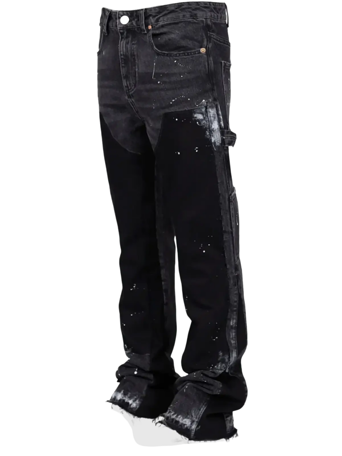 Men paint splatter distressed straight black denim cargo pants with white accents and frayed cuffs