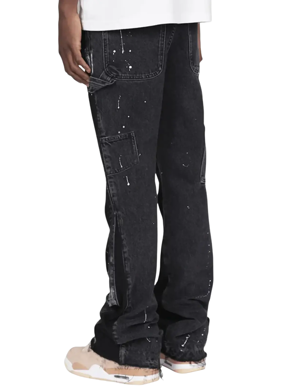 Black denim men paint splatter distressed straight jeans with white paint details and multiple pockets