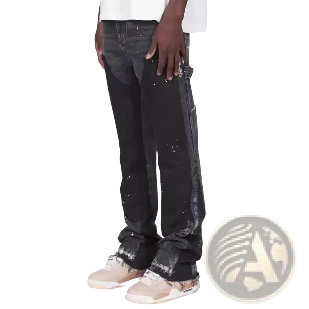 Men paint splatter distressed straight jeans black denim with paint splatter details and rolled cuff design front view