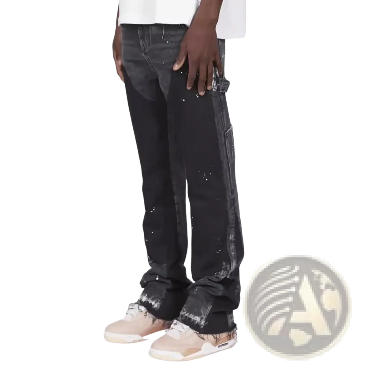 Men paint splatter distressed straight jeans black denim with paint splatter details and rolled cuff design front view