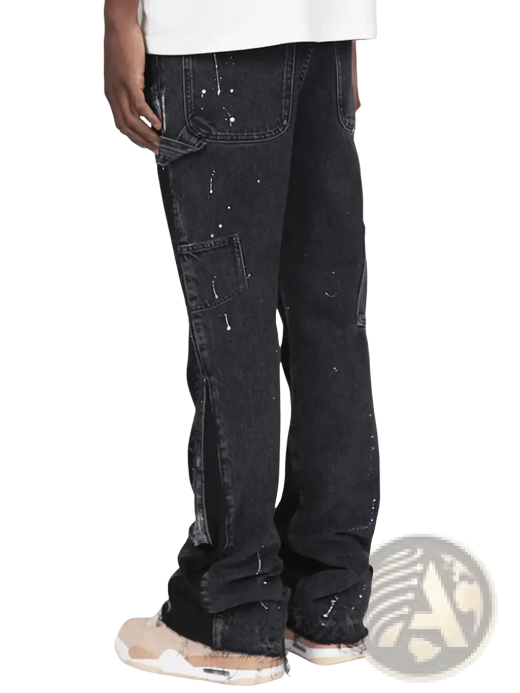 Black denim men paint splatter distressed straight jeans with white paint details and multiple pockets