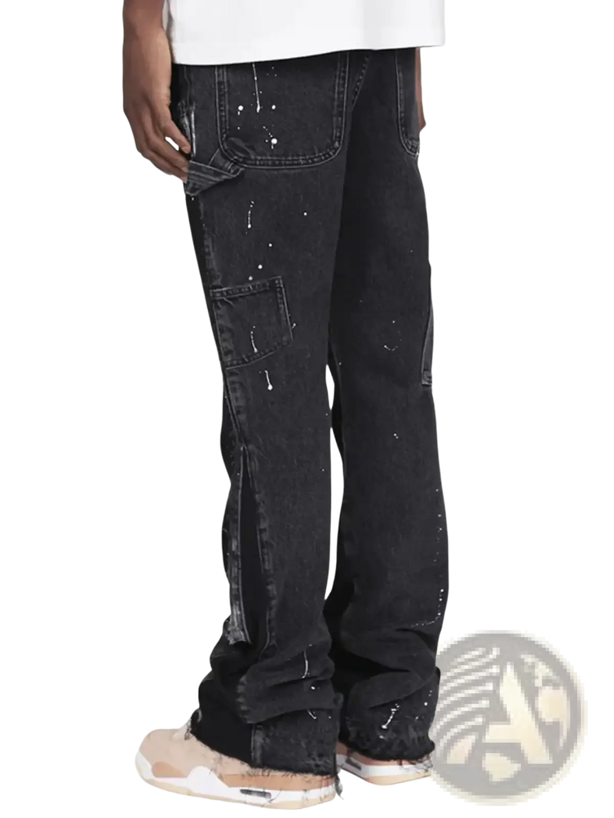 Black denim men paint splatter distressed straight jeans with white paint details and multiple pockets