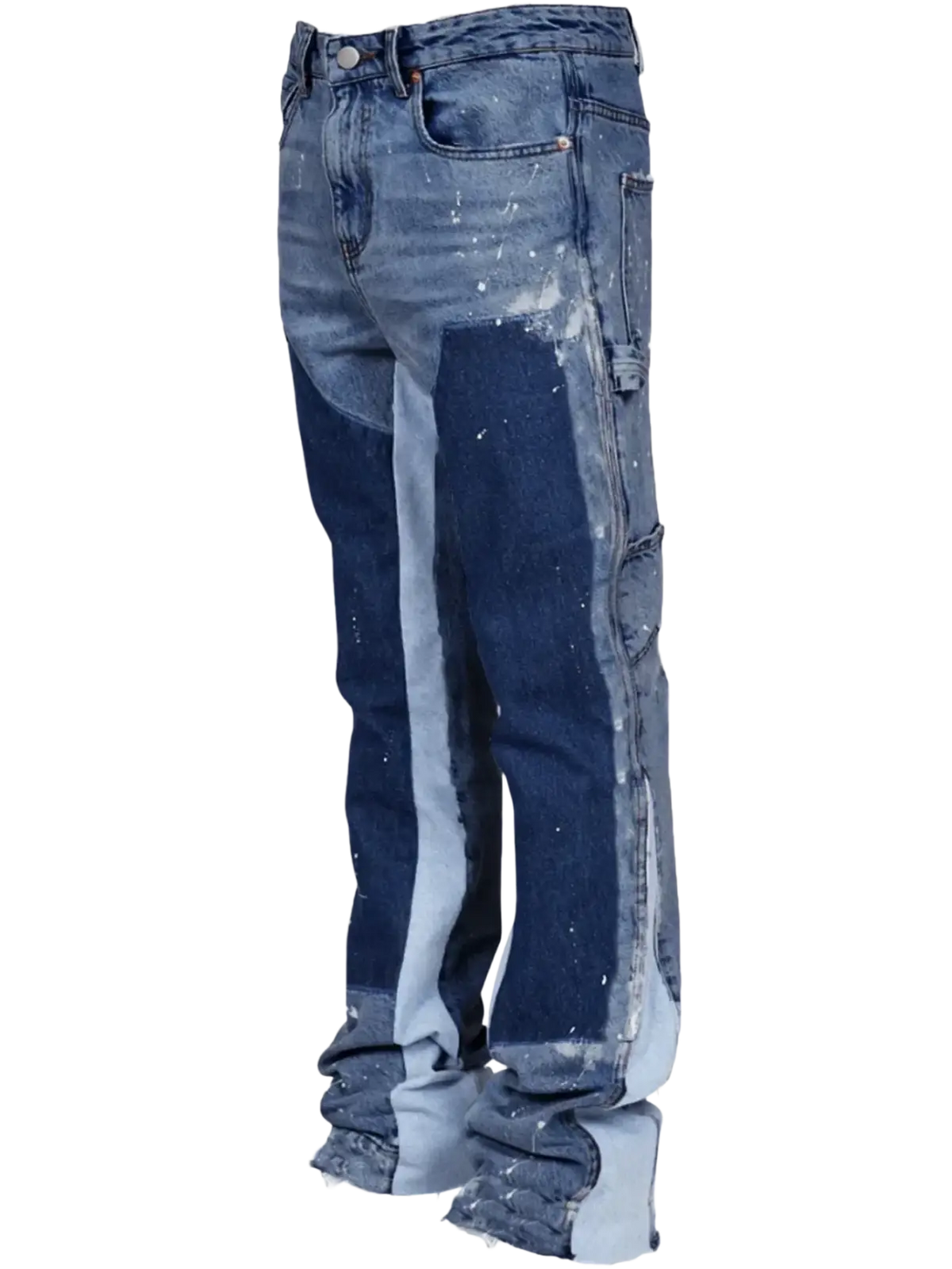 Men paint splatter distressed straight jeans featuring two-tone dark blue and light gray denim with paint splatter accents