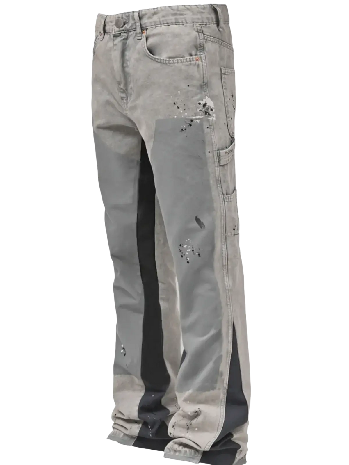 Men paint splatter distressed straight jeans in gray with paint splatter details and dark gray side panels