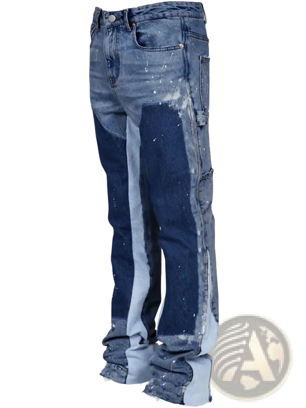 Men paint splatter distressed straight jeans featuring two-tone dark blue and light gray denim with paint splatter accents