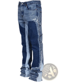 Men paint splatter distressed straight jeans featuring two-tone dark blue and light gray denim with paint splatter accents