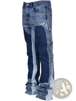 Men paint splatter distressed straight jeans featuring two-tone dark blue and light gray denim with paint splatter accents
