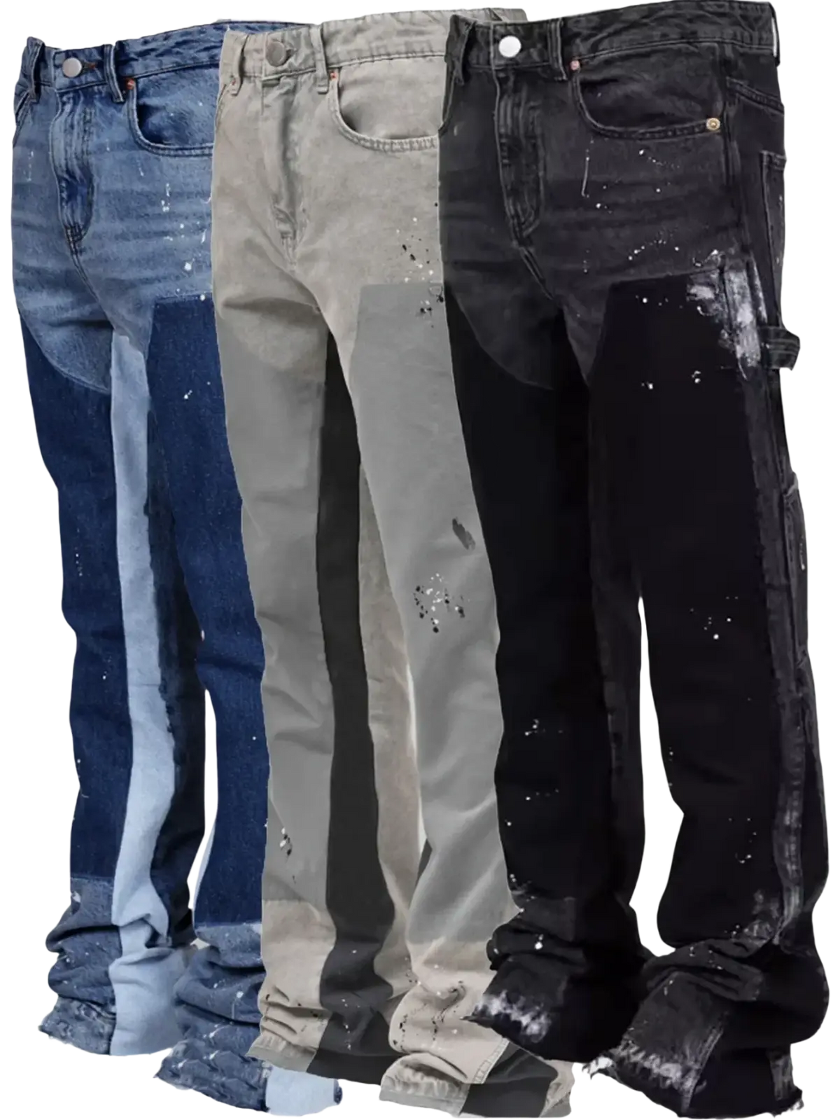 Three pairs of men paint splatter distressed straight jeans in blue beige and black denim material