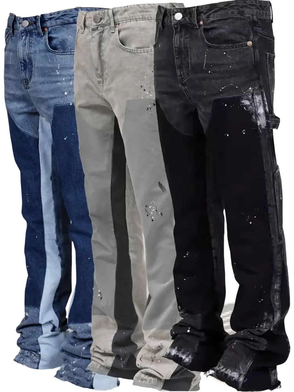 Three pairs of men paint splatter distressed straight jeans in blue beige and black denim material