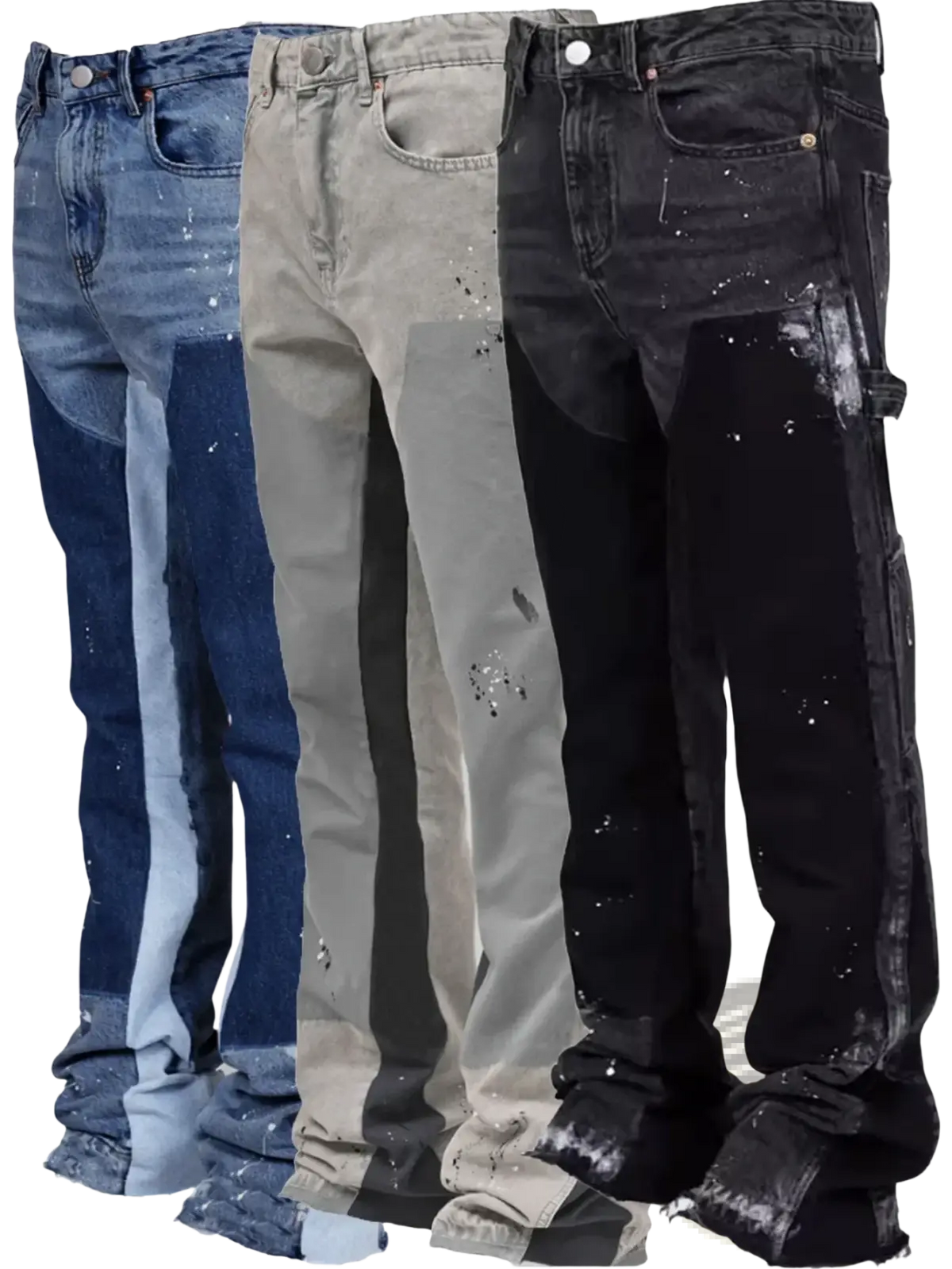 Three pairs of men paint splatter distressed straight jeans in blue beige and black denim material