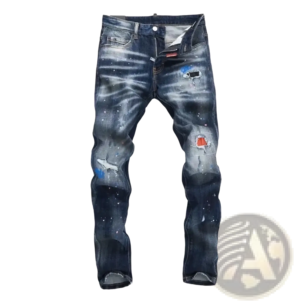 Men paint splatter straight denim jeans in dark blue distressed denim with ripped details and visible brand tag