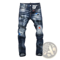 Men paint splatter straight denim jeans in dark blue distressed denim with ripped details and visible brand tag