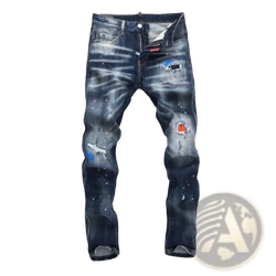 Men paint splatter straight denim jeans in dark blue distressed denim with ripped details and visible brand tag