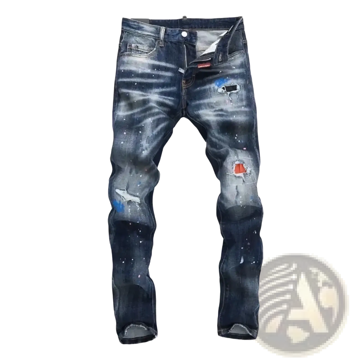 Men paint splatter straight denim jeans in dark blue distressed denim with ripped details and visible brand tag