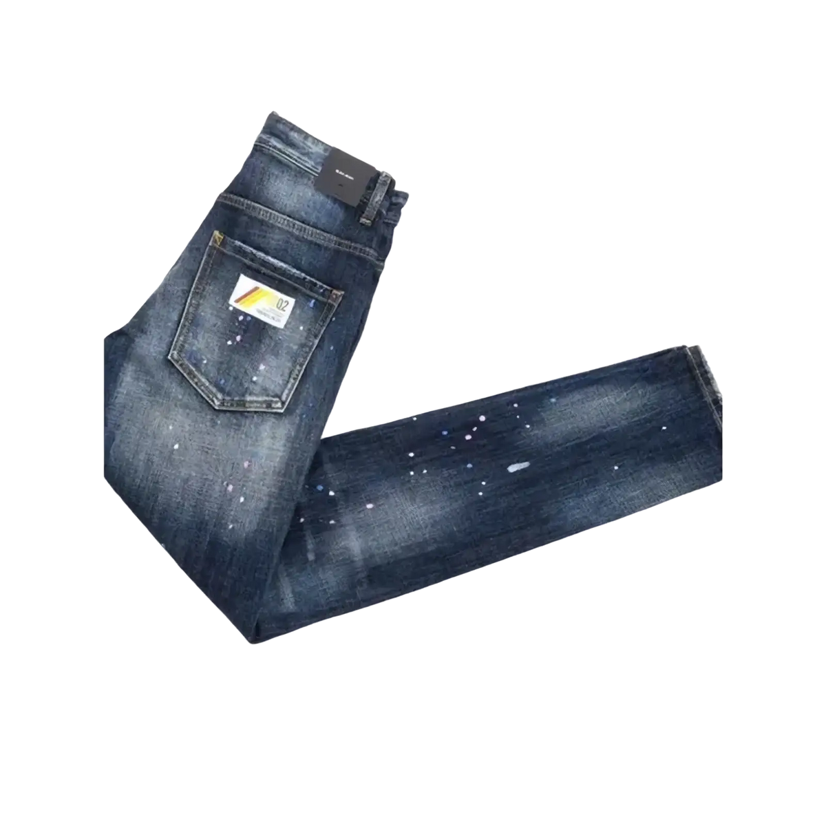 Men paint splatter straight denim jeans in dark blue with distressed speckled finish and visible brand tag on waistband