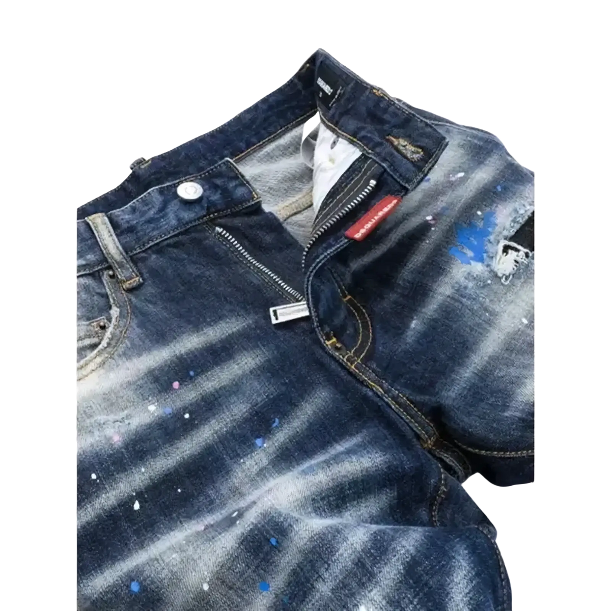 Dark blue denim jeans with distressed and paint splattered design featuring white and blue splashes for men
