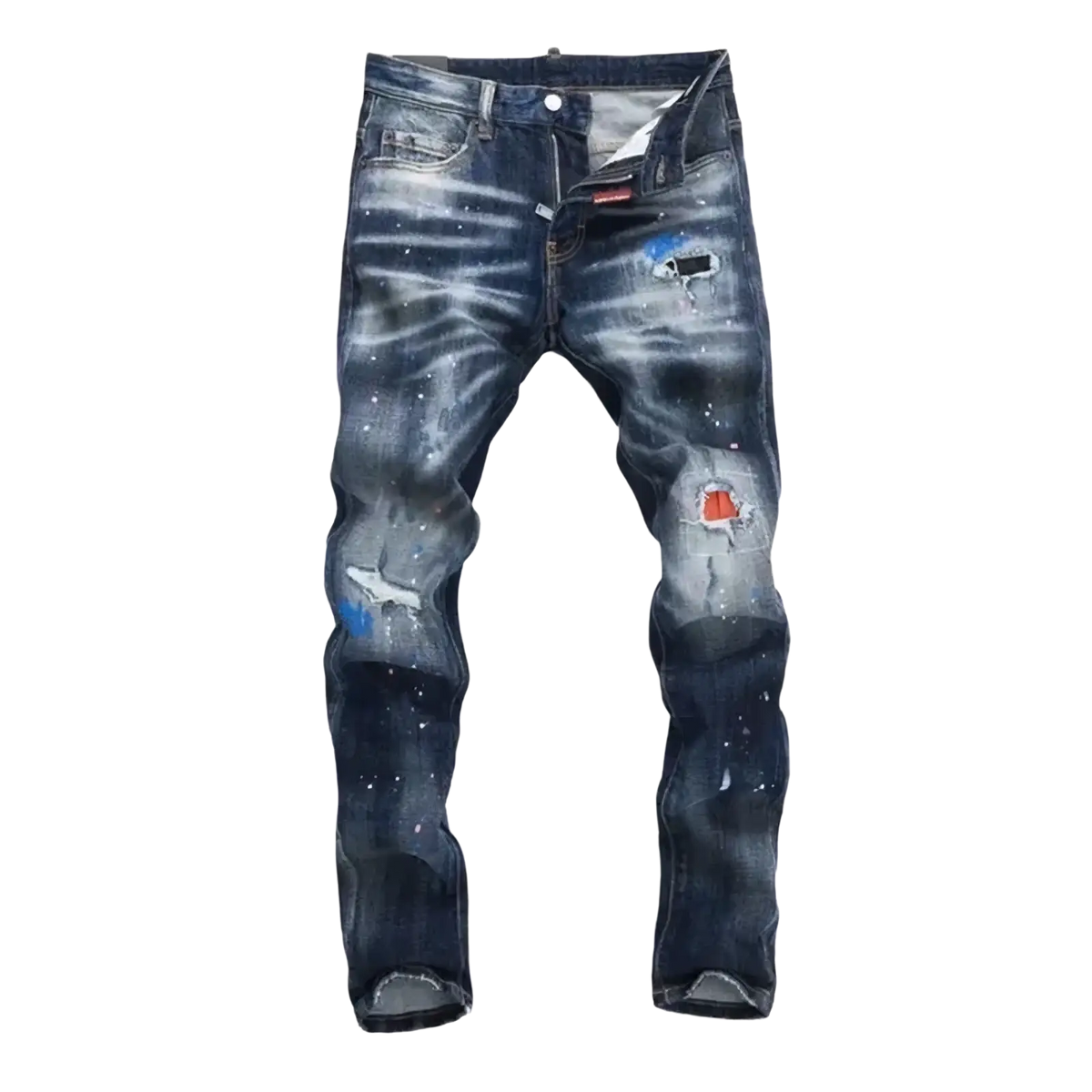 Men paint splatter straight denim jeans in dark blue distressed denim with ripped details and visible brand tag