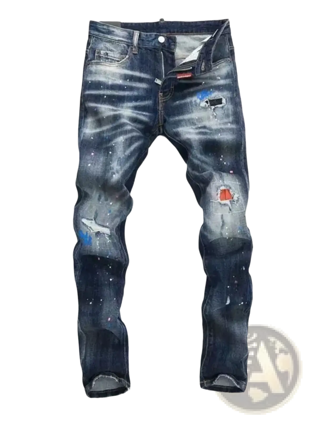 Men paint splatter straight denim jeans in dark blue distressed denim with galaxy-inspired orange and blue accents