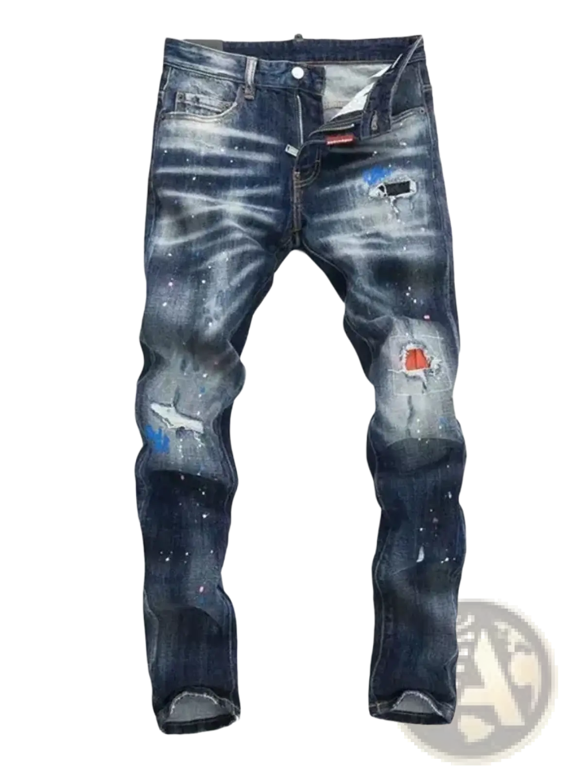 Men paint splatter straight denim jeans in dark blue distressed denim with galaxy-inspired orange and blue accents