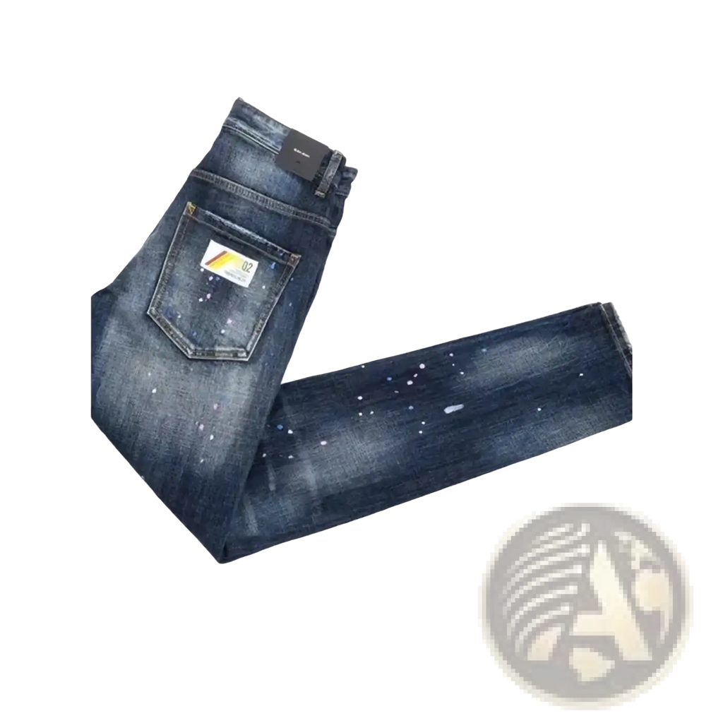 Men paint splatter straight denim jeans in dark blue with distressed speckled finish and visible brand tag on waistband