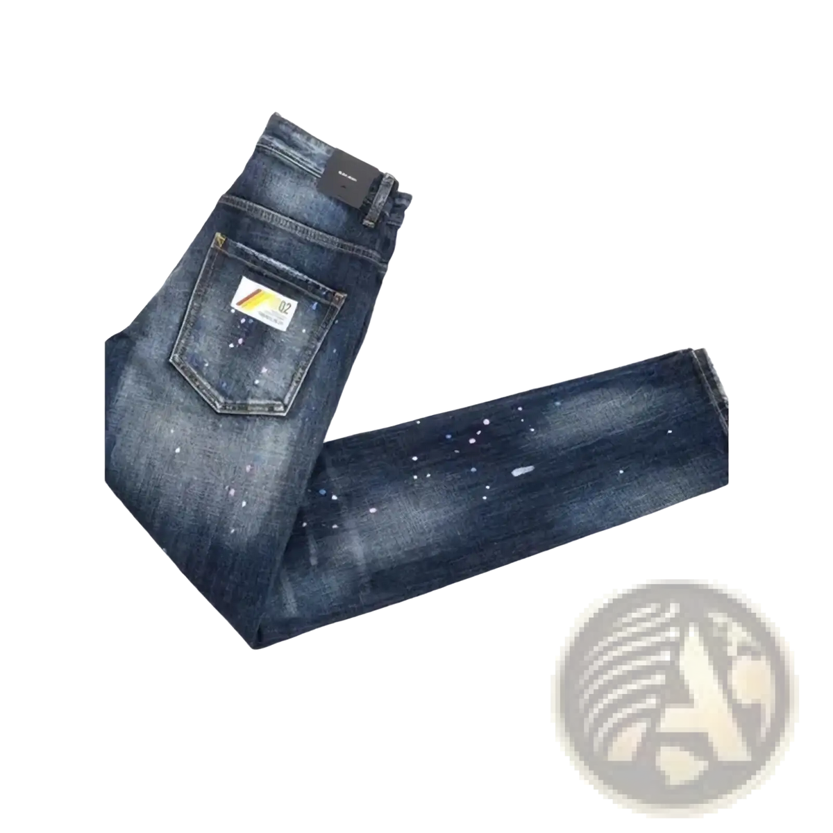 Men paint splatter straight denim jeans in dark blue with distressed speckled finish and visible brand tag on waistband