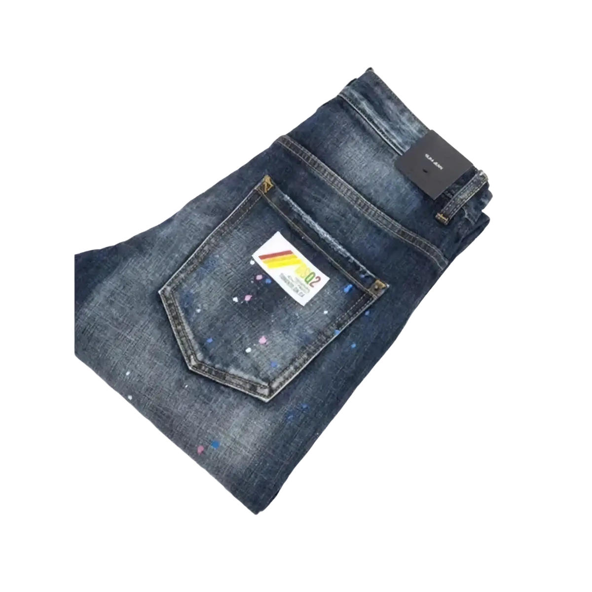 Back side of men paint splatter straight denim jeans featuring dark-wash denim with a paint-splatter design and colorful brand label