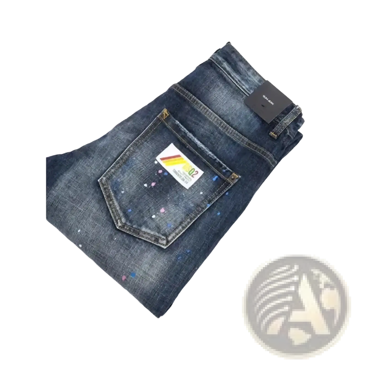 Back side of men paint splatter straight denim jeans featuring dark-wash denim with a paint-splatter design and colorful brand label