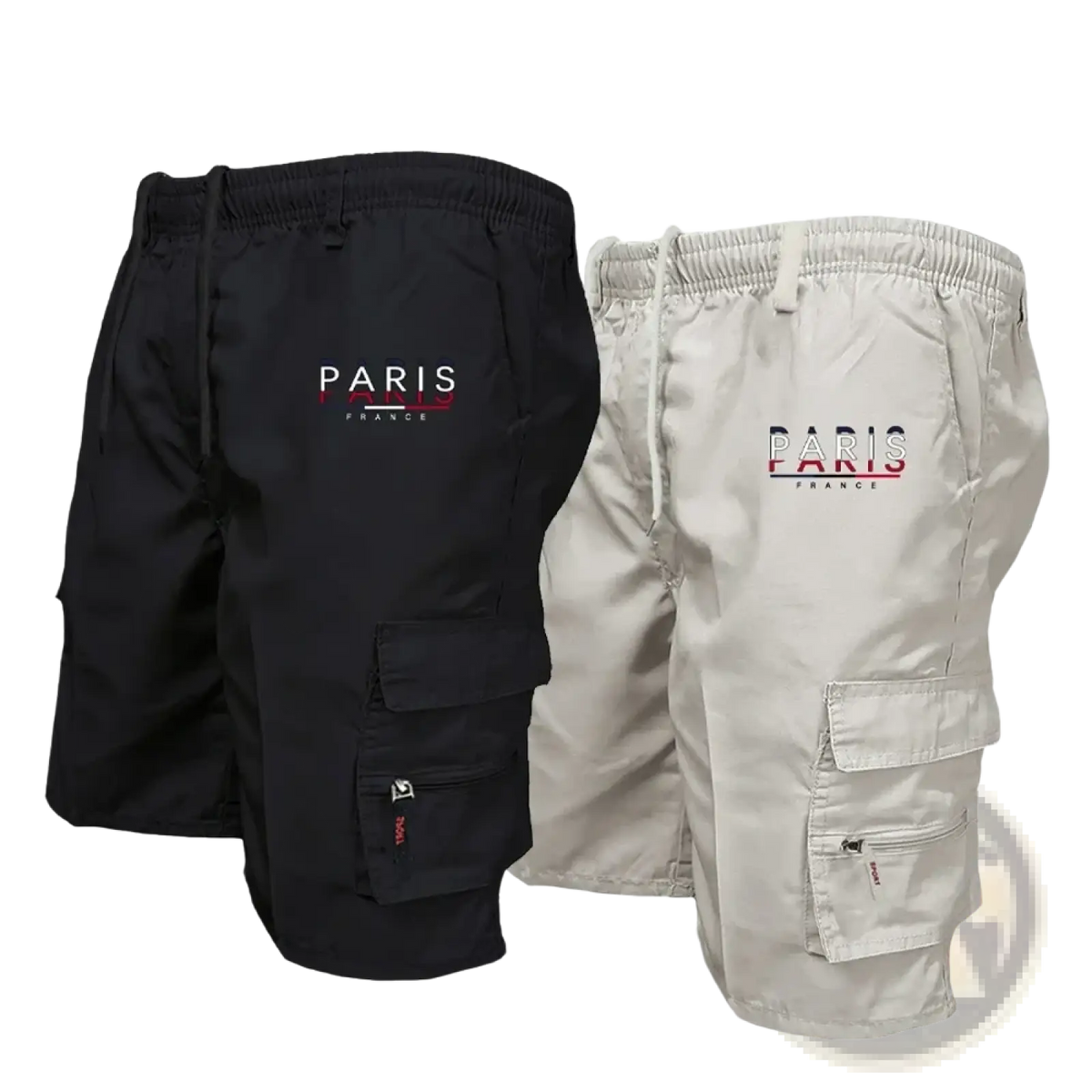 Men paris embroidered cargo shorts in black and beige with red and white accents and zippered side pockets for casual wear