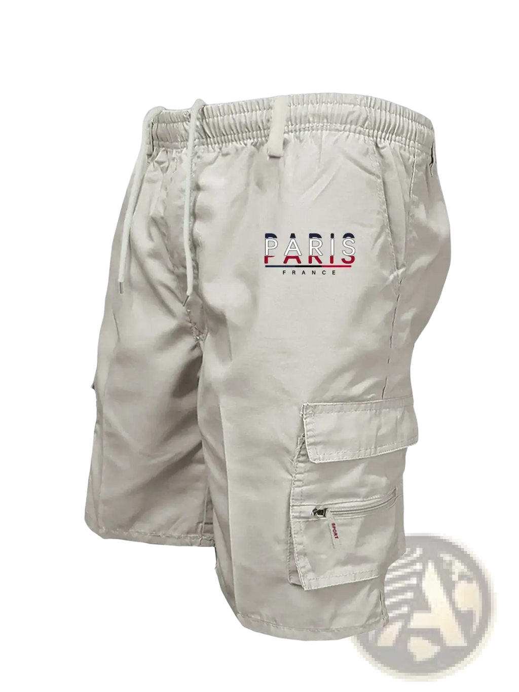 Beige men paris embroidered cargo shorts with loose fit front and side pockets for casual wear
