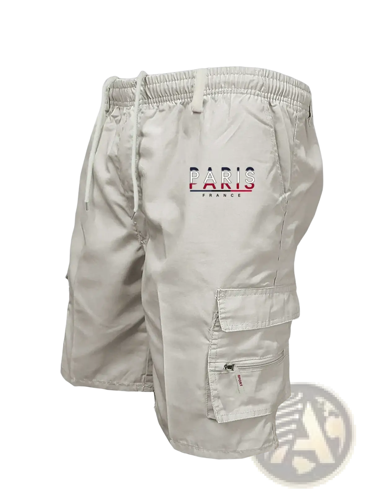 Beige men paris embroidered cargo shorts with loose fit front and side pockets for casual wear