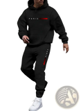 Men paris hoodie and joggers set in black with white paris text and red stripe on the chest of the hoodie