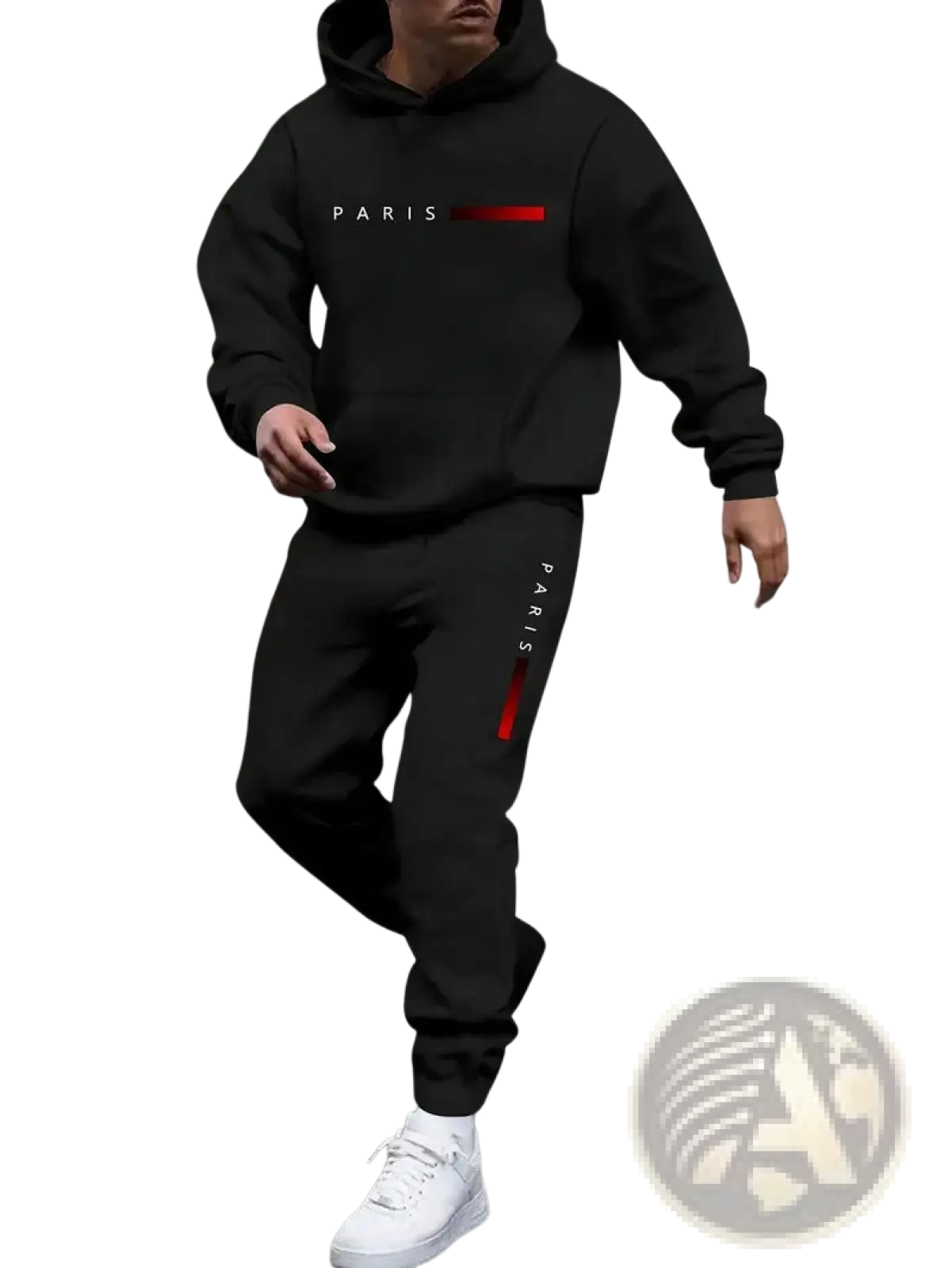 Men paris hoodie and joggers set in black with white paris text and red stripe on the chest of the hoodie