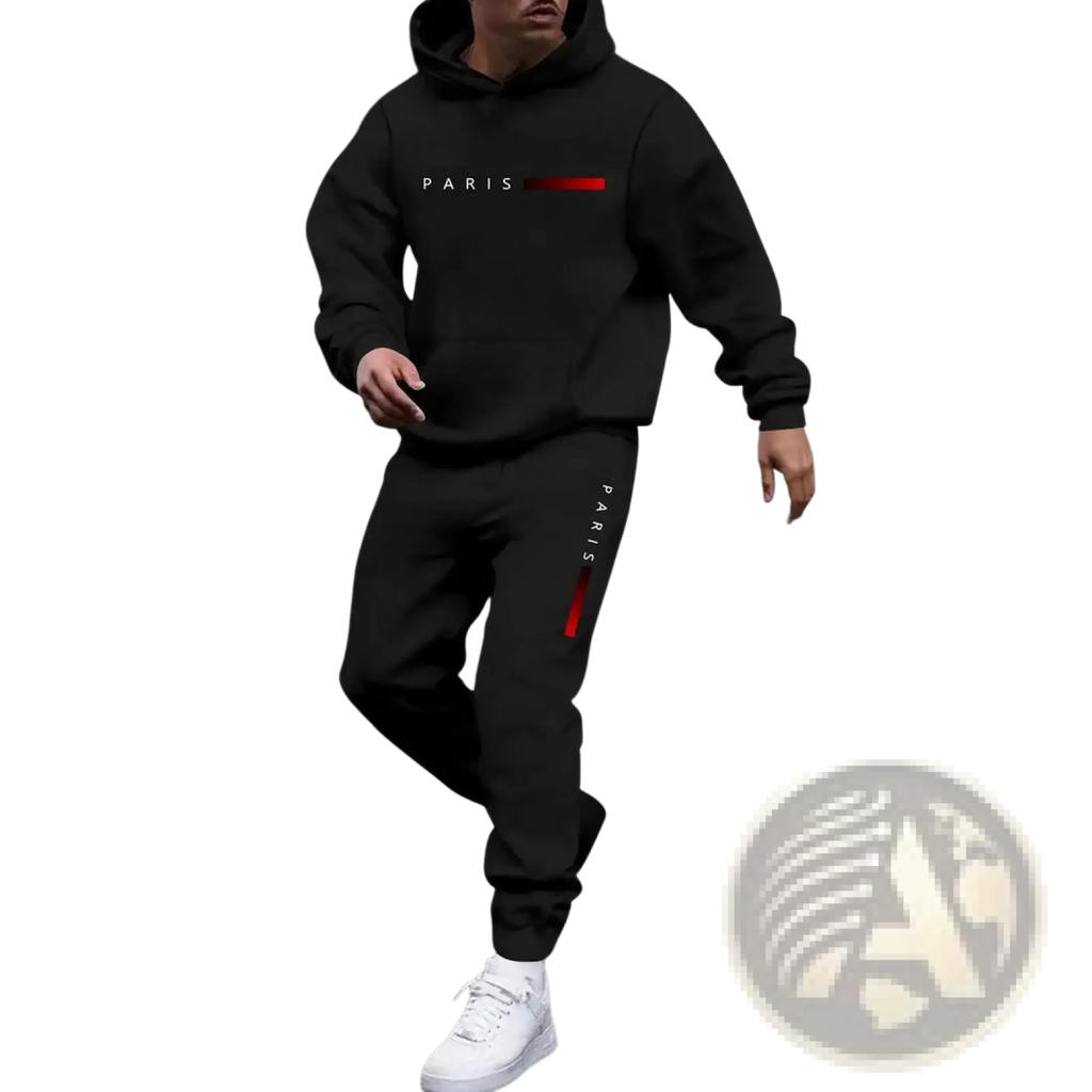Men Paris hoodie and joggers set in black with red accent stripes designed for casual wear