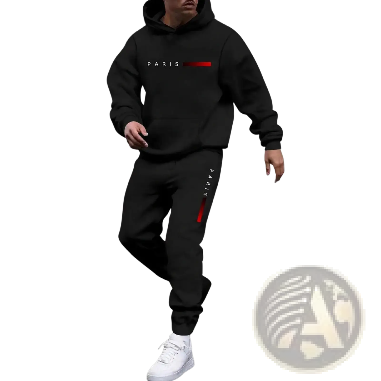 Men Paris hoodie and joggers set in black with red accent stripes designed for casual wear